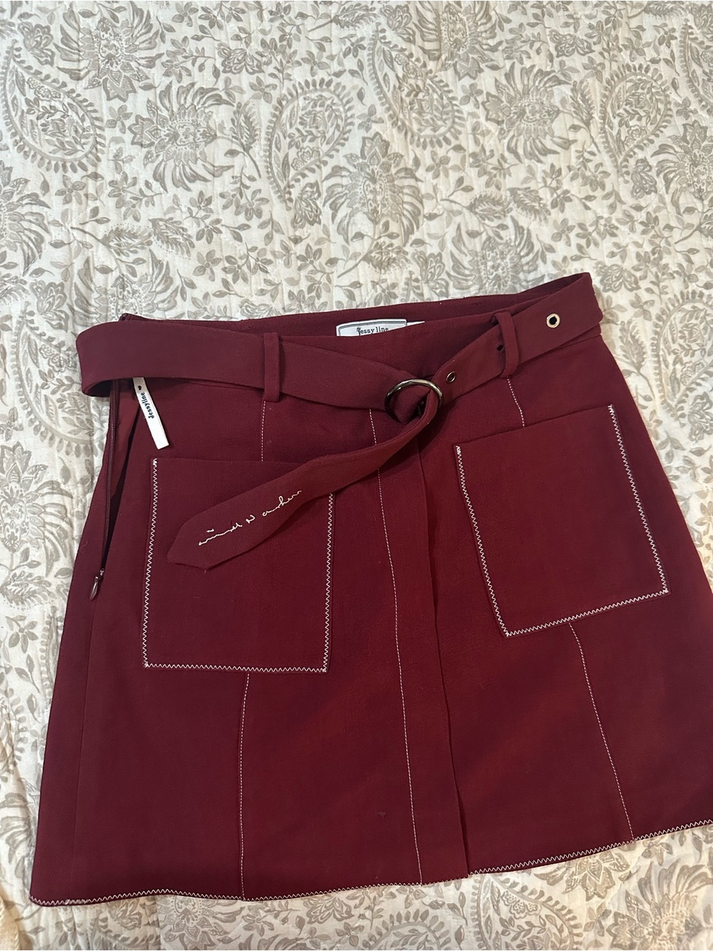 jessyline Women's Burgundy Mini Skirt with Belted Waist